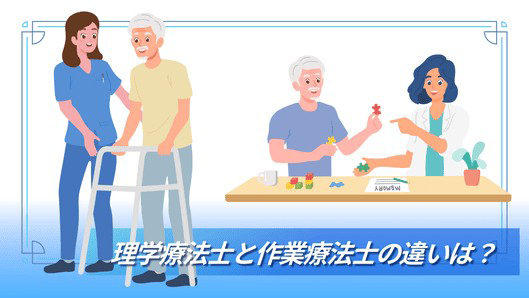 理学療法士と患者さんが歩行訓練をしている様子と、作業療法士と患者さんが手の訓練をしている様子のイラスト。
